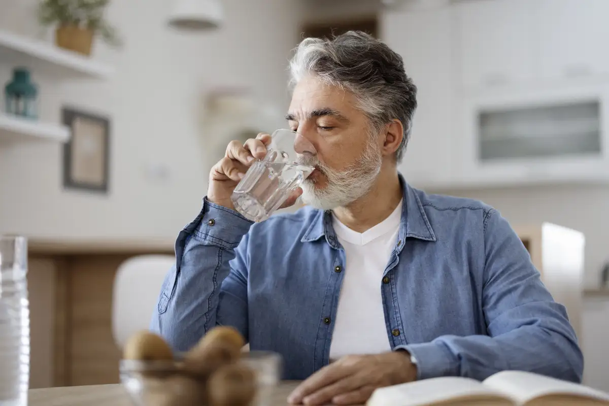 senior man drinking a glass of water at home